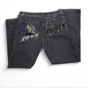 Avirex size 38 black grey Y2K denim jeans embroidered logo unique pocket design